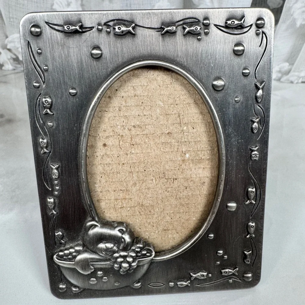 Burnes of Boston Small Pewter Baby Desk Top Photo Picture Frame Bear in‎ Bath